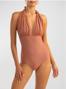 NWT Shoshanna Shimmery Deep V Halter One-Piece Swimsuit 8